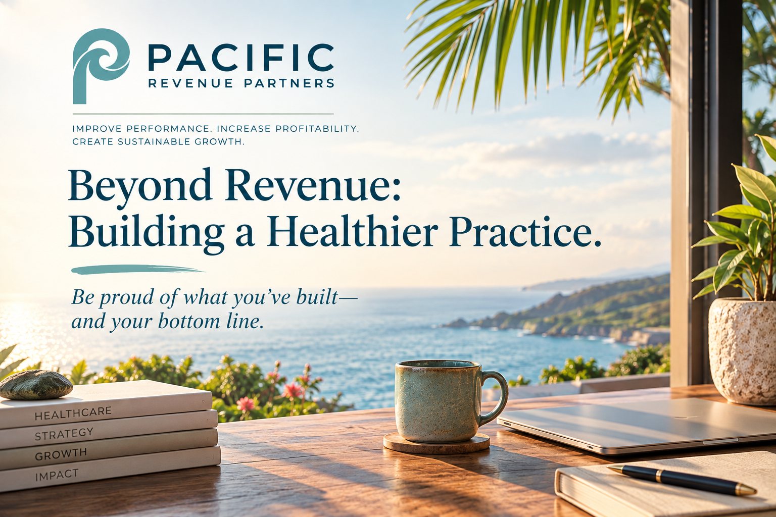 Beyond Revenue: Building a Healthier Practice — a sunlit desk with a coffee mug, books and a laptop overlooking the Hawaiian coastline.