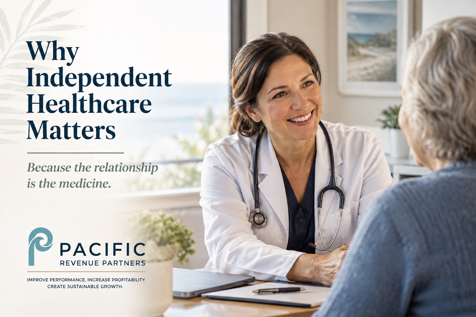 Why Independent Healthcare Matters — a physician in a white coat and stethoscope smiling with an older patient across a desk, with the ocean visible through the window behind them.