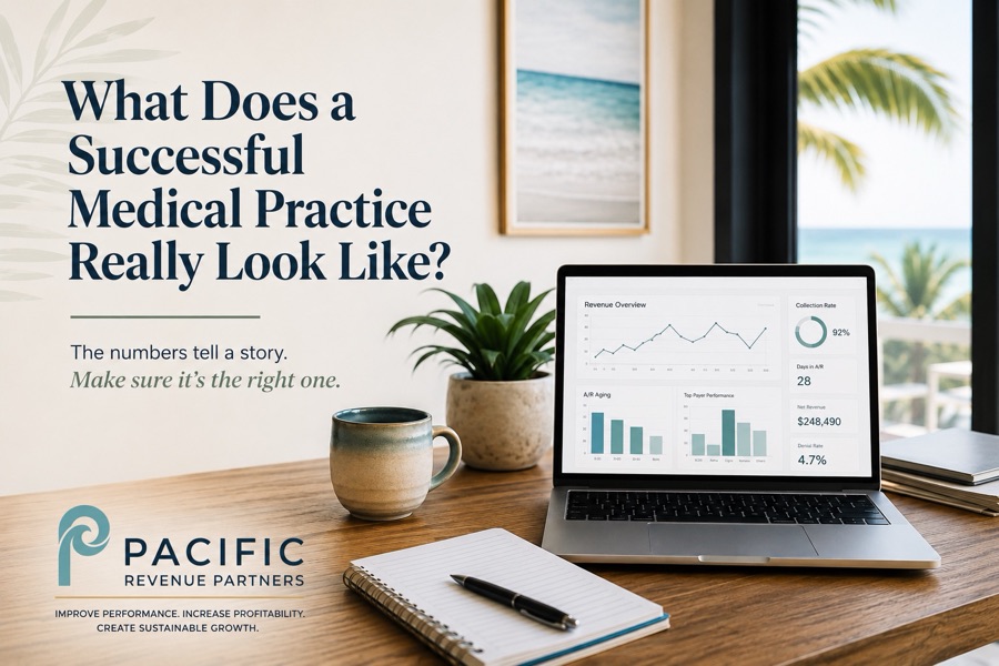 A laptop showing a practice revenue dashboard with collection rate, days in A/R, and denial rate, on a desk overlooking the ocean.